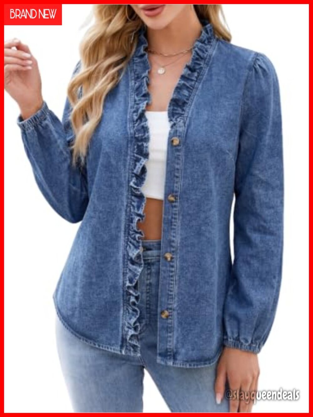 Ruffle V-Neck Button Down Denim Shirt for Women Long Sleeve Puff Sleeve Casual